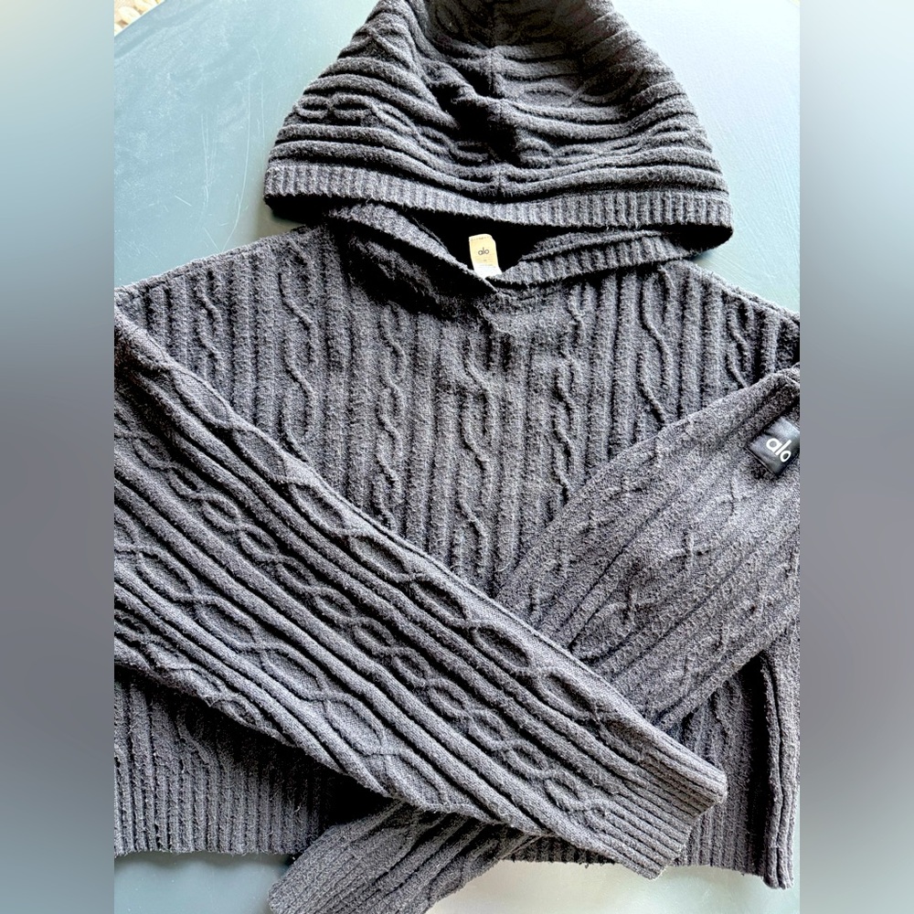 ALO Yoga Black Cable Knit Hooded Sweater